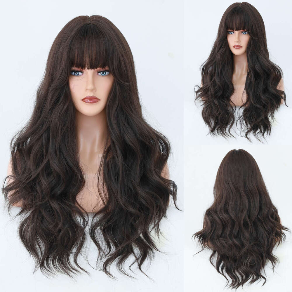 Brown Headband Gradient Color Wig Long Curly Hair Fashionable Layering With Bangs Wigs Kq9 Kq9