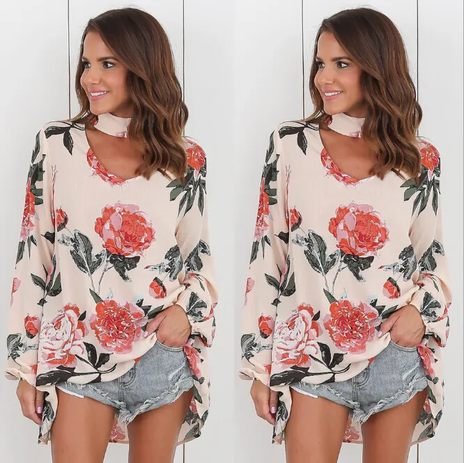 Women Autumn Floral Shirt Fashion Chiffon Blouse Long Sleeve Sexy Shirts Clothes White Blouses Tops