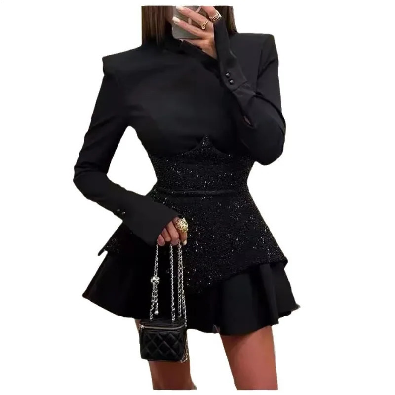 Fashion Splicing Sequins Long-sleeved Crew Neck Short Dresses Sexy Party Vacation Little Black Dress for Women 241216