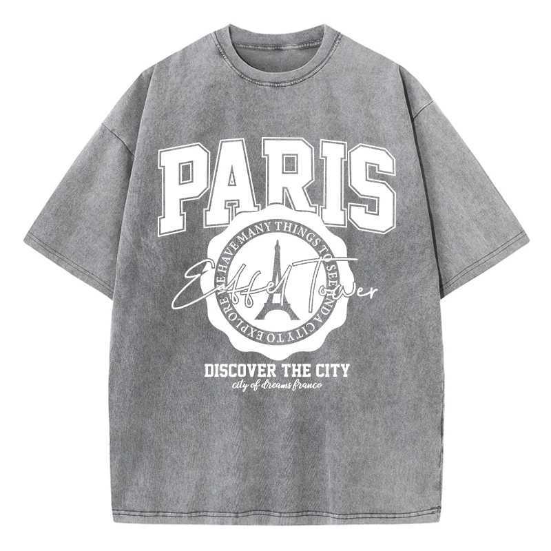Women's T-Shirt Casual Woman Acid Wash T-Shirts Paris Discover The City Prints Ts Distressed Oversize Cotton Short Slve Trend Female Clothes Y241