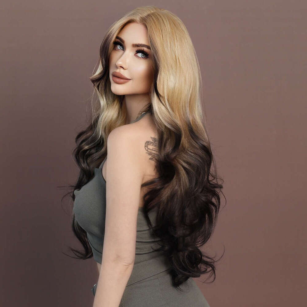 Siamese Cat Gold Gradient T-Shaped Lace Wig, Fashionable Synthetic Full Head Cover, Wavy Long Curly Hair Kq9 Kq9