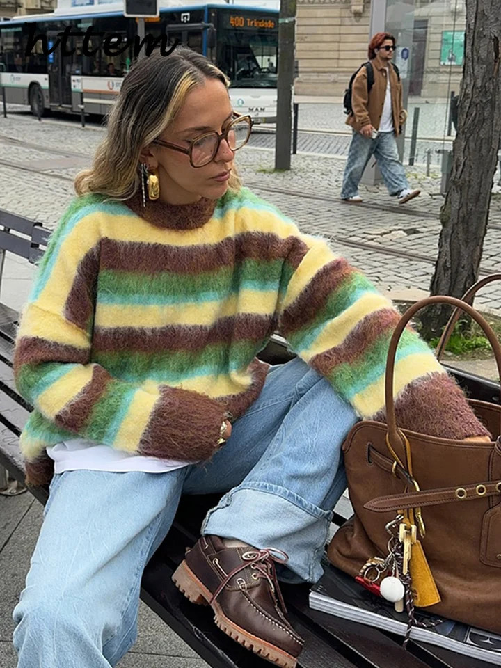 Retro womens colorful striped Mohair sweater loose contrast Oneck long sleeved floral 2024 autumn casual streetwear 241211