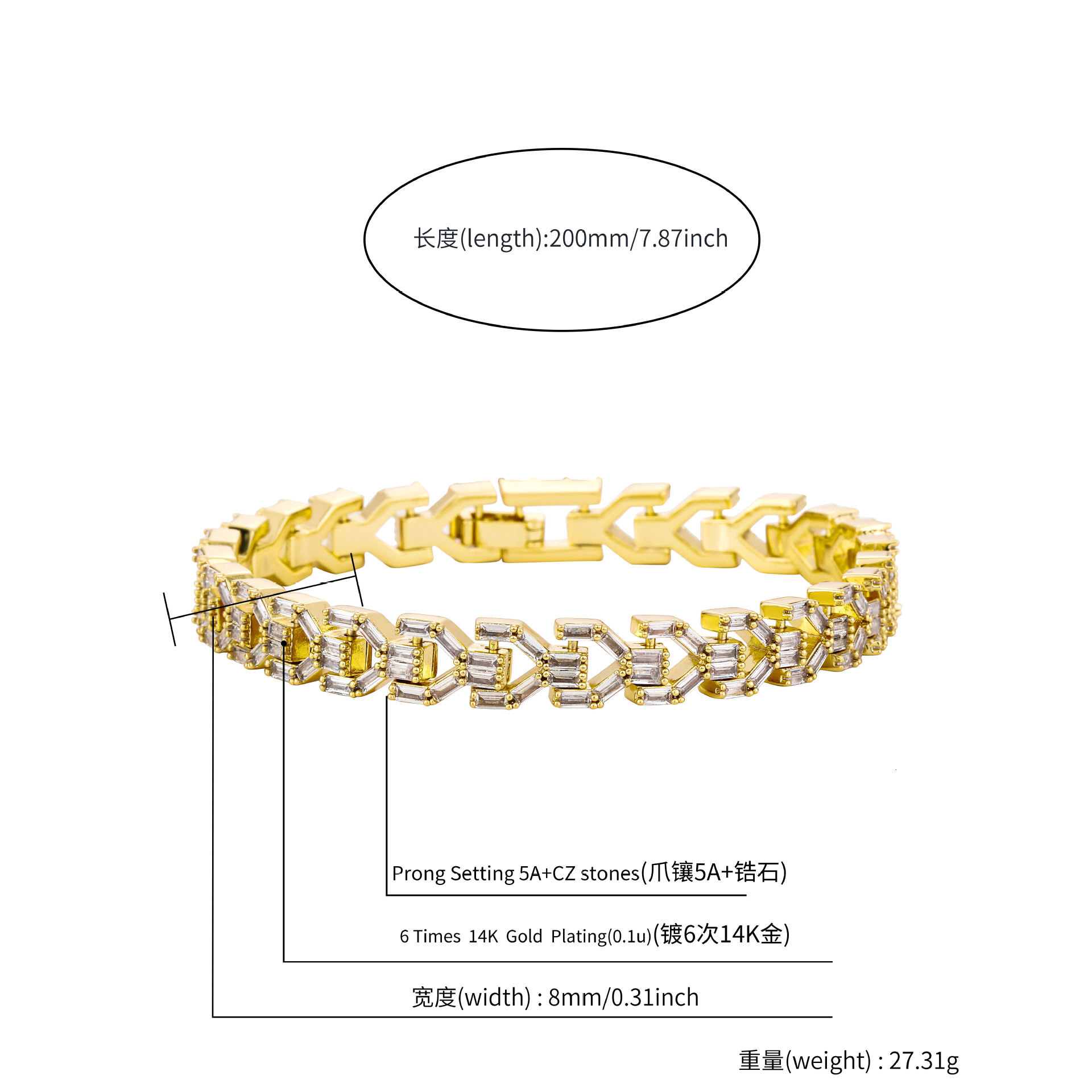 8mm Hip Hop Cuban Chain Baguette Diamond Bracelet For Men And Women 14k Gold Full Cubic Zirconia Wolf Tide Punk Rock Jewellery Bijoux Pulsera Hombre