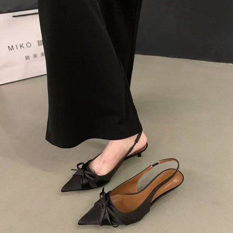 Women Sandals French Gentle Style Bow Design High Heel Silk Niche Shoes Pointed Toe Slip-on Trendy Triple Black Silver Apricot Free shipping