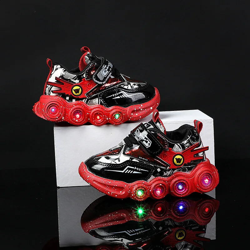 cool boys shoes LED lights cartoon autumn childrens sports leather anti slip running tennis 241216