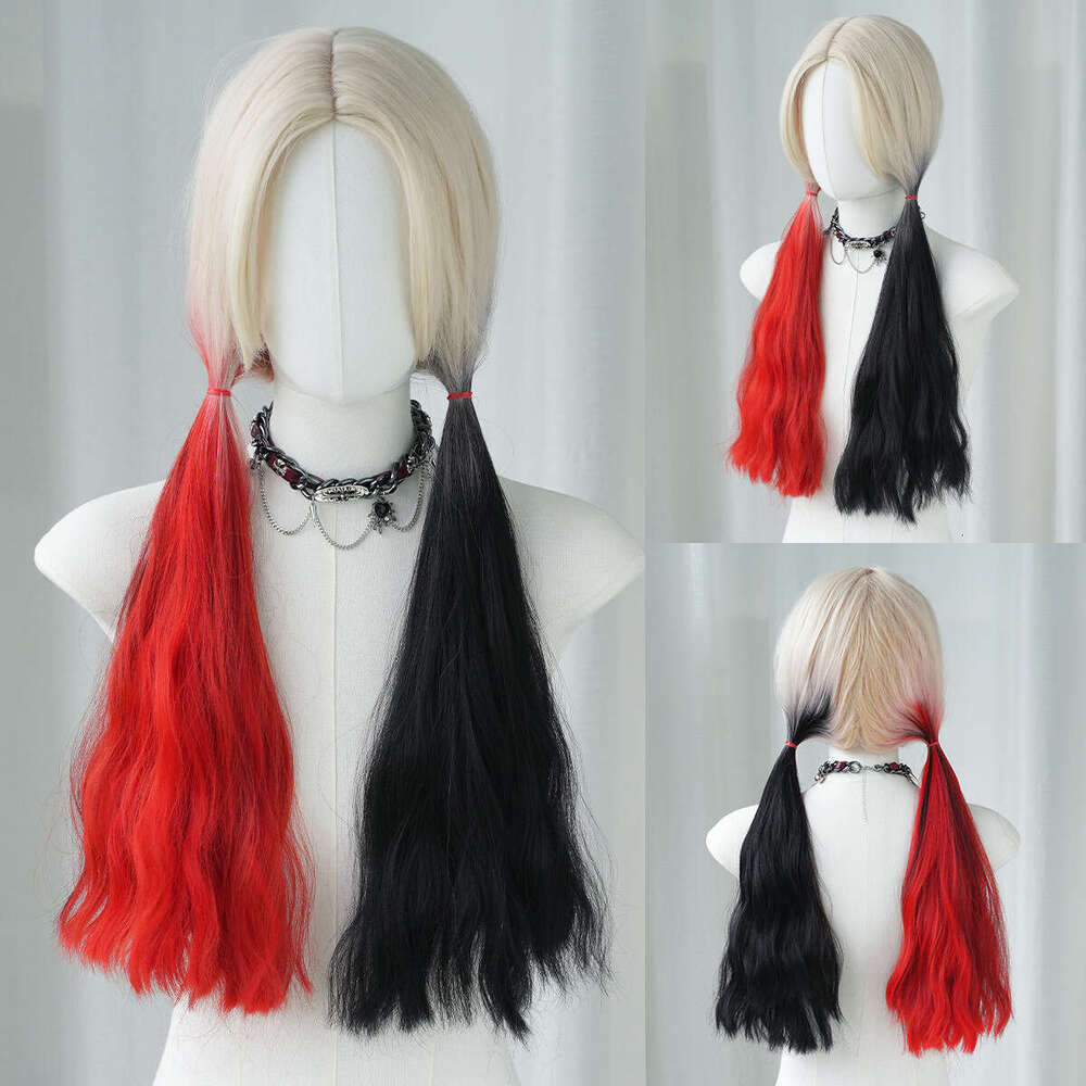 Halloween Cosplay Harley Quinn Red And Black Dyed Double Ponytail Long Curly Hair, High-Quality Street Dressing Costume Wig Kq9 Kq9