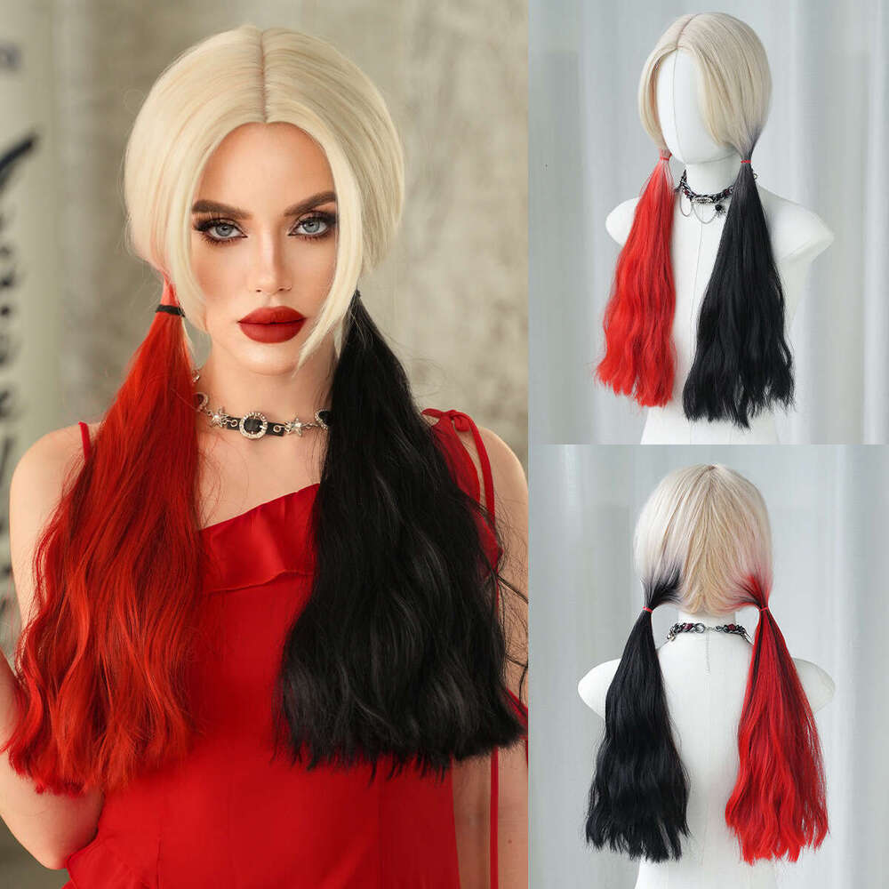 Halloween Cosplay Harley Quinn Red And Black Dyed Double Ponytail Long Curly Hair, High-Quality Street Dressing Costume Wig Kq9 Kq9