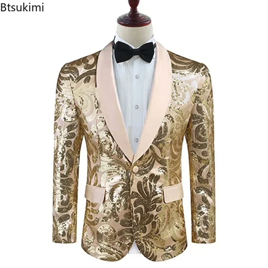 Mens Shiny Gold sequin Sports Jacket Style Shawl Collar One Button Evening Dress Flower Set Party Wedding Groom Dress Mens Style 241216