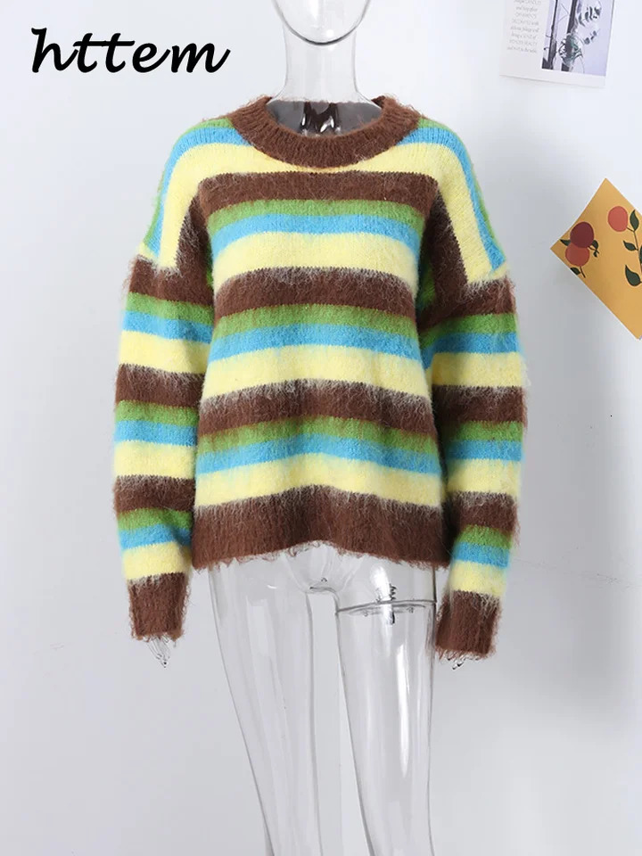 Retro womens colorful striped Mohair sweater loose contrast Oneck long sleeved floral 2024 autumn casual streetwear 241211