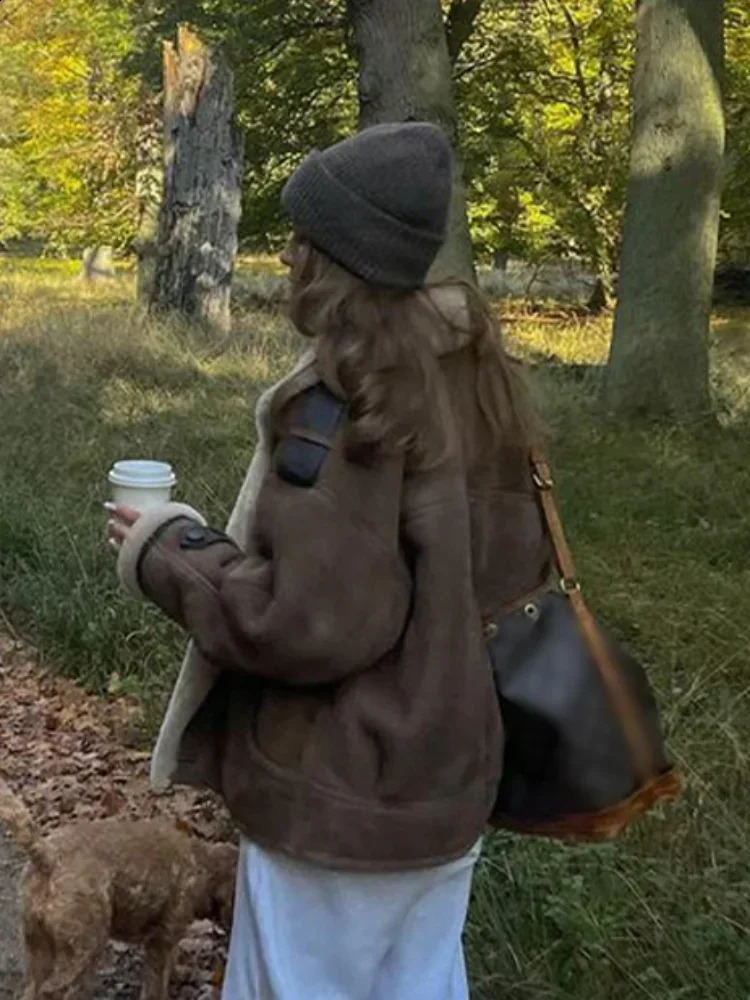 Autumn Winter Warm Lapel Long Sleeve Lamb Wool Jacket Women Single Breasted Pockets Sheepskin Coat Lady High Street Outwear 241217