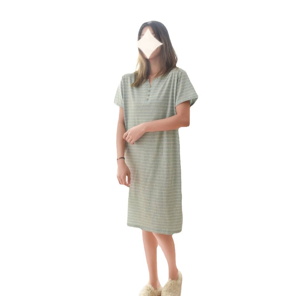 B510-Unprinted color spinning quality Tianzhu cotton knitted striped pajamas home dress wholesale ladies short-sleeved nightdress pure cotton female