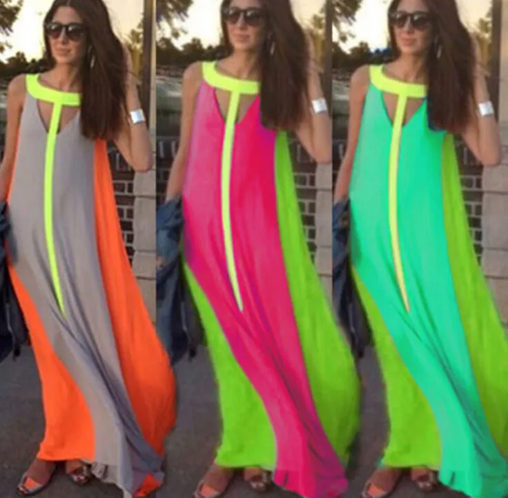 Fashion Summer Boho Maxi Dresses Bright Color Patchwork Casual Dresses Sleeveless Sundress