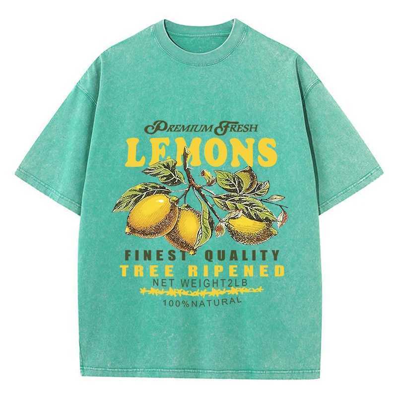 Women's T-Shirt Cotton Women Acid Wash T-Shirts Premium Fresh Lemons Printing Ts Distressed Oversize O-Neck Short Slve Casual Female Clothes Y241