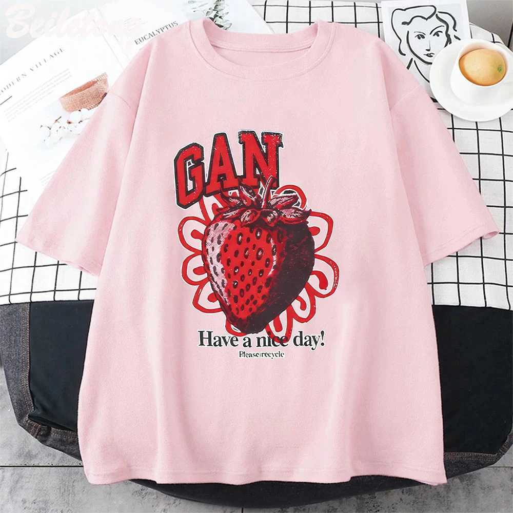 Women's T-Shirt 2025 New Swt Strawberry Fruit Print COTTON T-shirt Summer New Cute Print Womens Top Round Neck Womens T-shirt Y241212KSCK