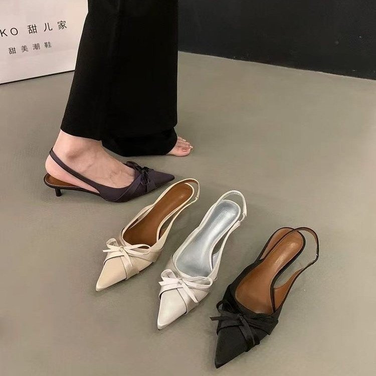 Women Sandals French Gentle Style Bow Design High Heel Silk Niche Shoes Pointed Toe Slip-on Trendy Triple Black Silver Apricot Free shipping