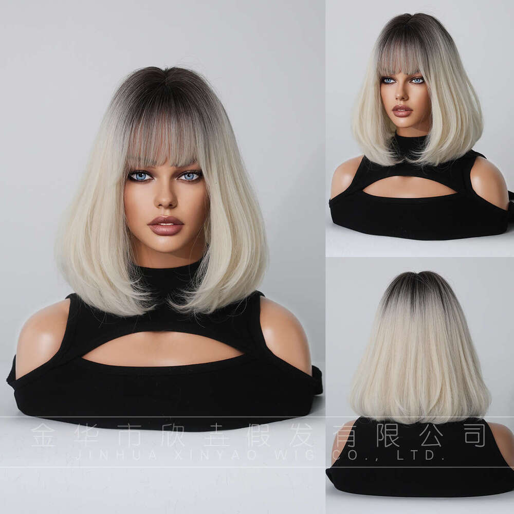 Wig Female Bob White Gold Straight Inner Buckle Soft Synthetic Bobo Short Hair Set Kq9 Kq9