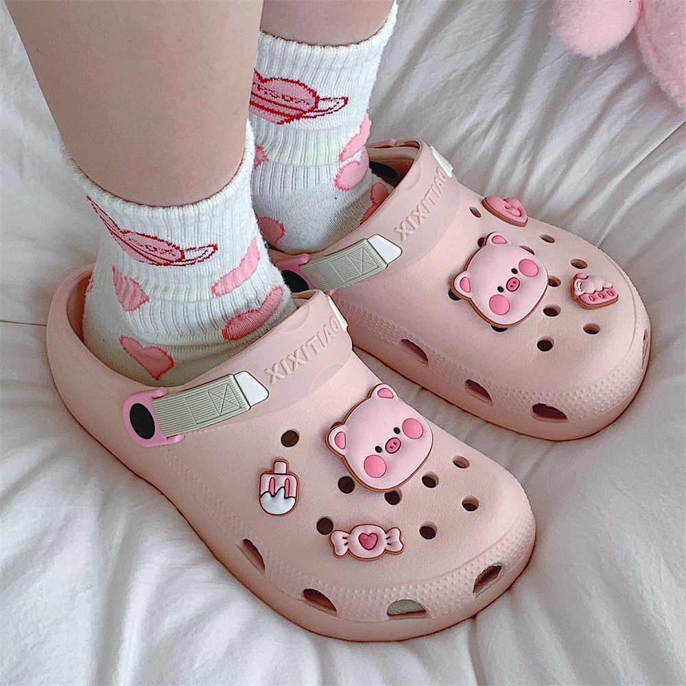 Girls' Heart Bag Head Hole Shoes Summer Outdoor Cute Piggy EVA Soft Sole Beach Shoes Women's Slippers Women Shoes Slides Women DIY Slippers