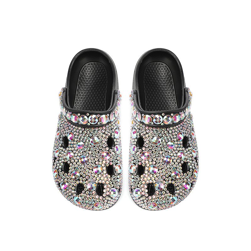 New Thick-soled Rhinestone Hole Shoes Handmade Diamond-encrusted Casual Sandals Outdoor Slippers Two Wear For 2025 Spring Summer