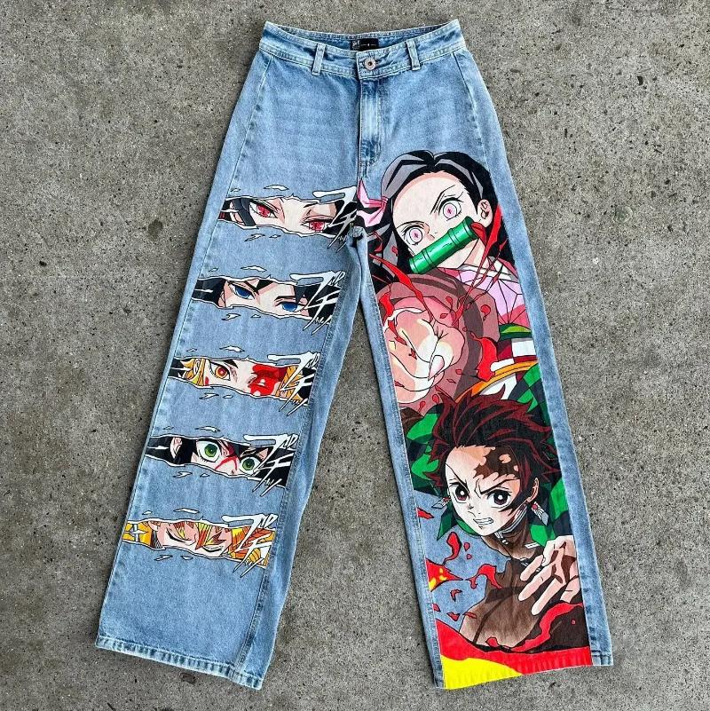 2025 S Fashion Designer Men S Jeans Haruku High Street Y K Baggy Punk Print Wide Leg Denim Pants Streetwear Trouser Men Clothing