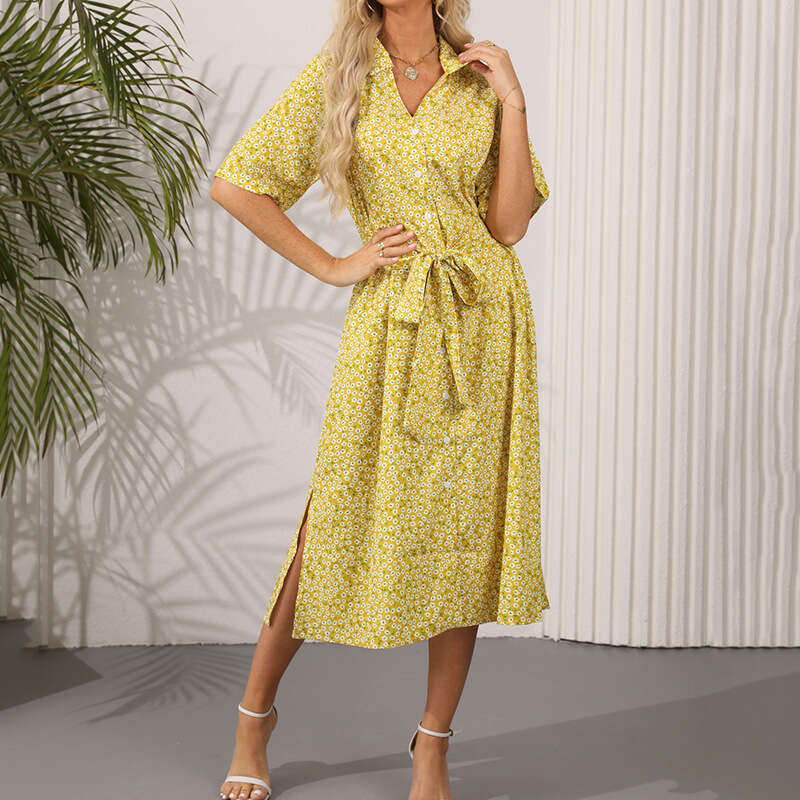 New Printed Dress With Lapel, Short Sleeved, Ral Mid Skirt, Temperament For Commuting, European And American Style, Fashionable Quality, Classic