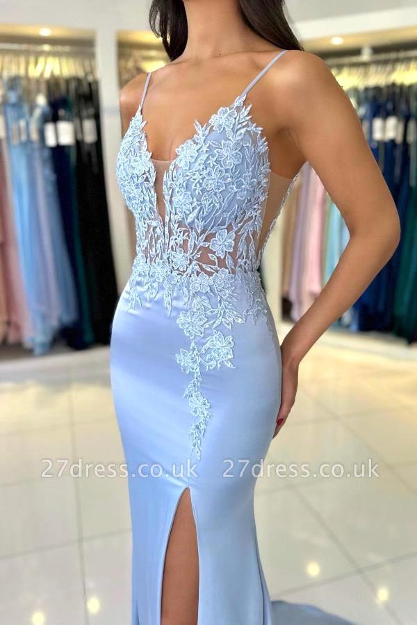 Elegant Mermaid Light Blue Prom Dressses Sexy Spaghetti Straps V-Neck Appliqued Split Evening Gowns Bc16422 6660311