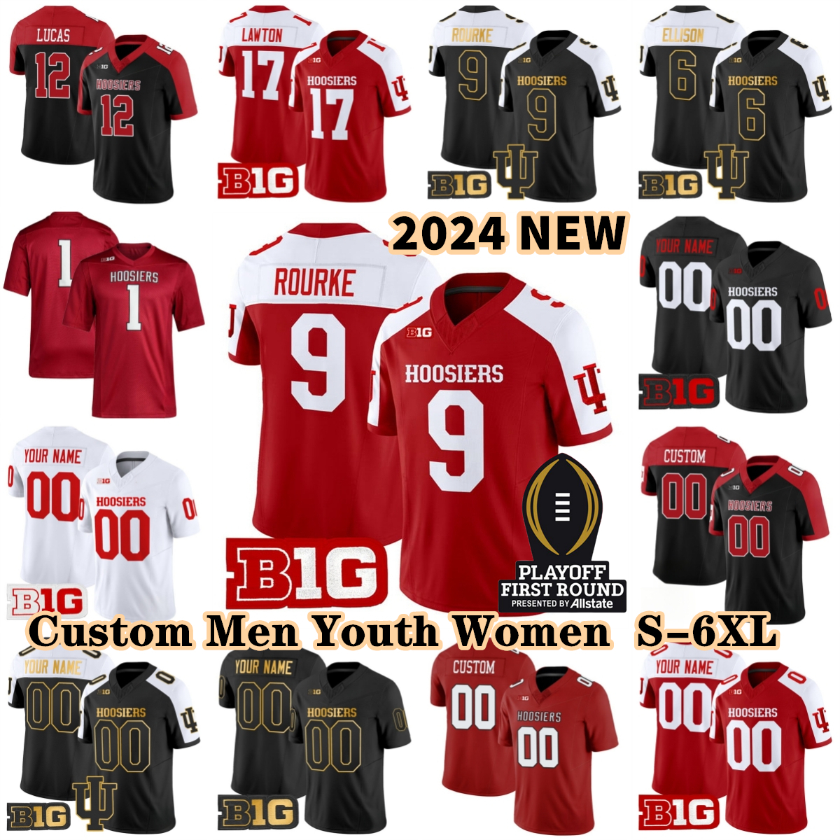 Indiana Hoosiers 2425 Jersey CFP First Round Patch Football 9 Kurtis Rourke 6 Justice Ellison Elijah Sarratt Aiden Fisher Amare Ferrell Jackson Weems Mendoza Lawton