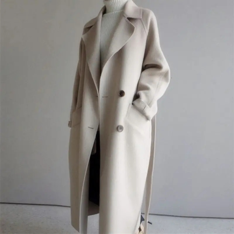 Autumn Winter y Women Trench Coat Tweed Double Breasted Loose Long Korean Cinched Waist and Tied Belt 241217