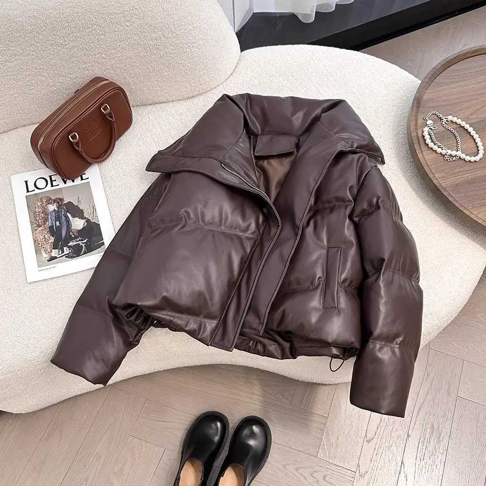 Winter PU leather collar cotton jacket suitable for women Quran style long sleeved lightweight warm short sleeved fashionable womens top M241218