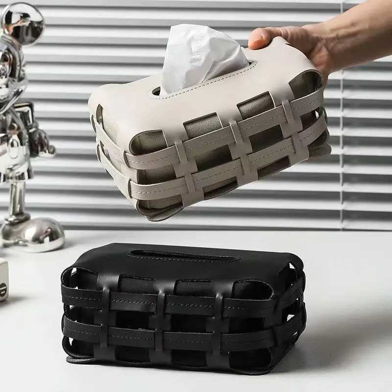 Nordic Luxury Leather Paper Holder Double Plaid Woven Tissue Box Luxury Desktop Napkin Organizer This Creative Handkerchief Y241218