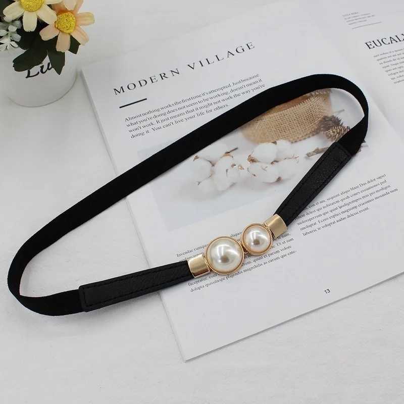 Fashion Double Pearl PU Leather Dress Tight Waist Elastic Thin Belt Womens Fashion Accessories W250326