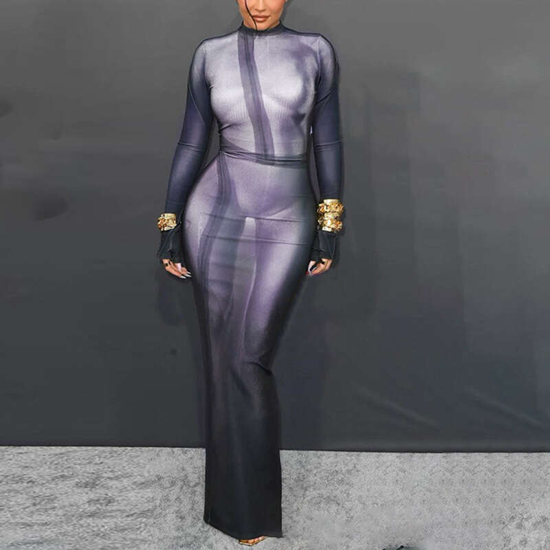 Cross Border European And American Round Neck Slim Fit Dress With Body Print Temperament Skirt, Spicy Girl Sexy Slit Long Sleeved Skirt