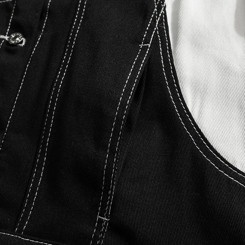 Color-blocking Denim Jacket Autumn Winter Black White Lapel Jeans Coat Mens Personalized Street Motorcycle Cargo Jacket 241214