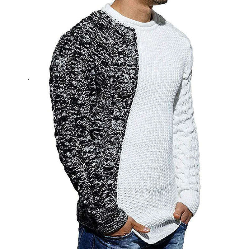European American Color Blocked Autumn And Winter Round Neck Long Sleeved Knitted Slim Fit Sweater Muscle Men's Fashion Quality Classic