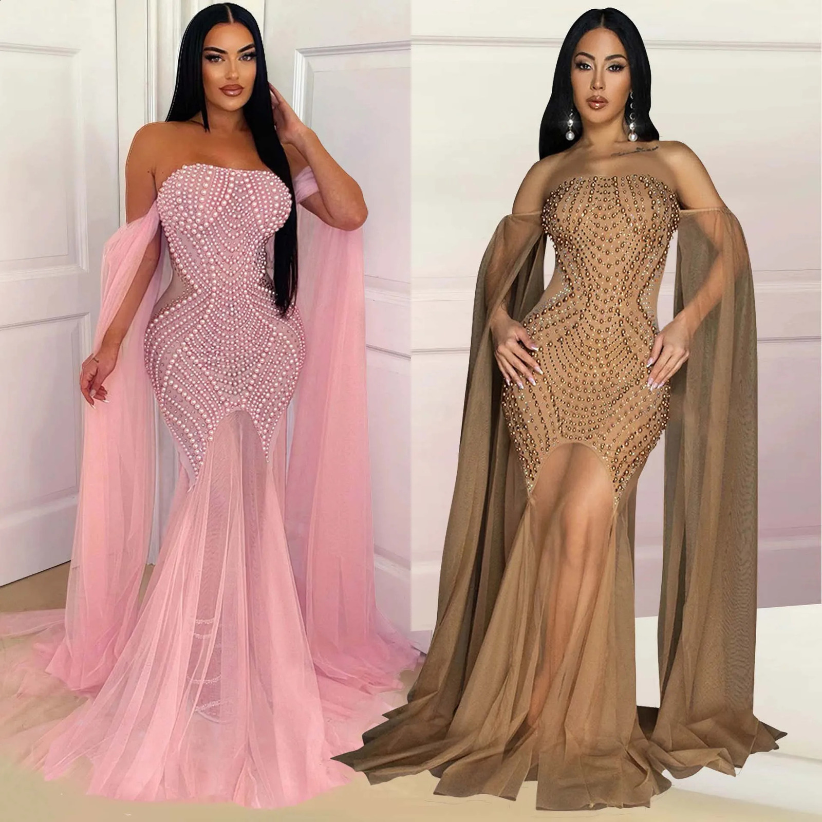 Pink Rhinestone Pearl Dress Lady Party Bodycon Evening Dresses Women Summer Elegant Maxi Long Mesh Off Shoulder Dresses 241217