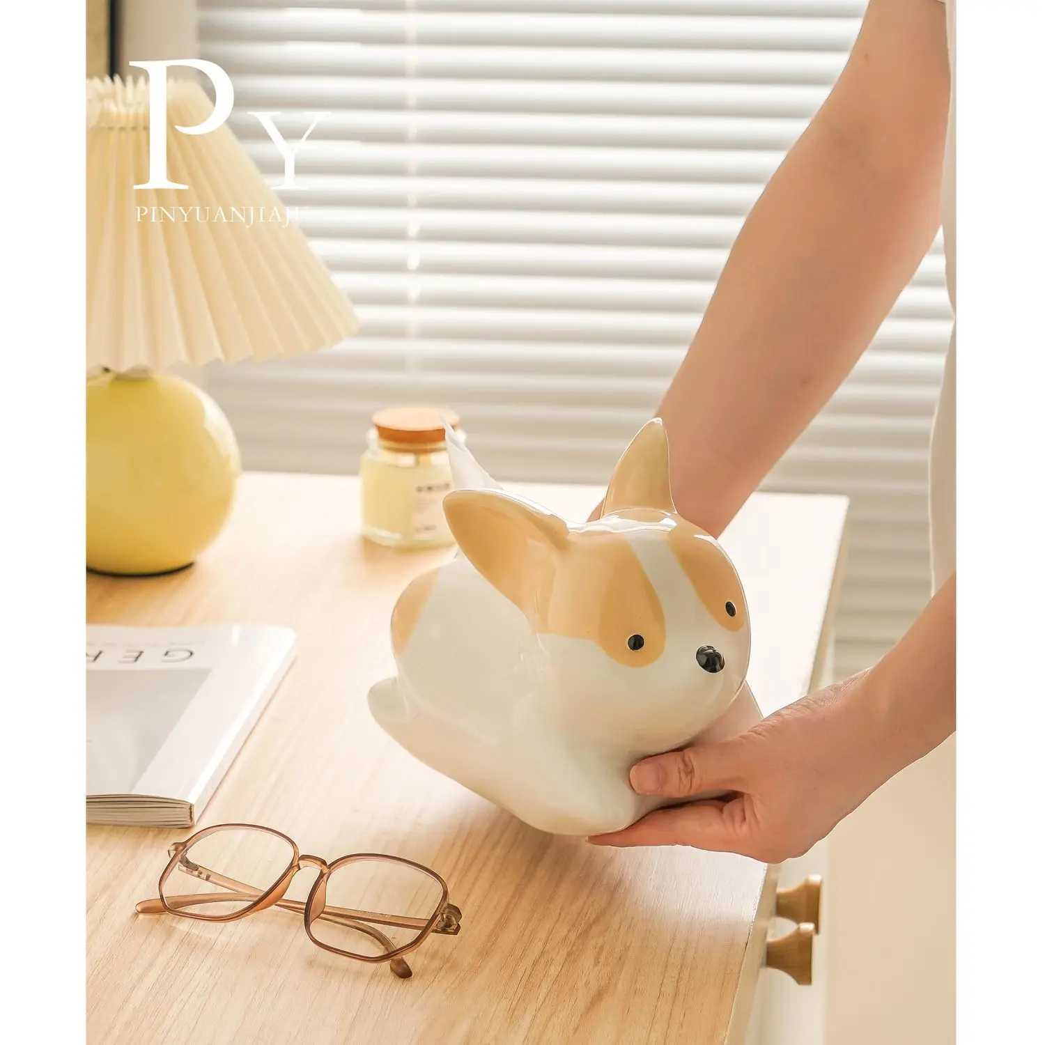 Ceramic tissue box Cute dog corgi tissue box Life Ro lamp Deluxe porch decoration Nordic style simple decoration Y241218