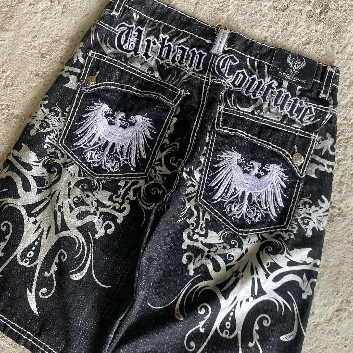 America Retro Gothic Pattern Embroidery Baggy Shorts Y2k Personality Print Casual Denim Short Fashion Men Women Jorts 241217