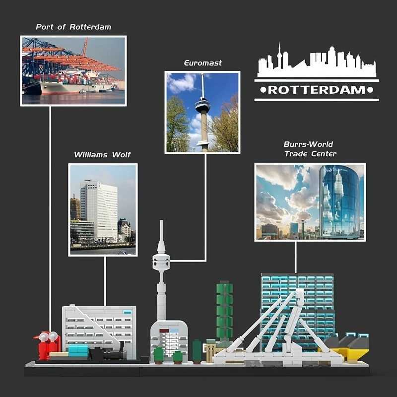Free shipping Moc City Netherlands Rotterdam Skyline Architecture Street View Building Blocks Modern Scene House Model Toy Child Gift