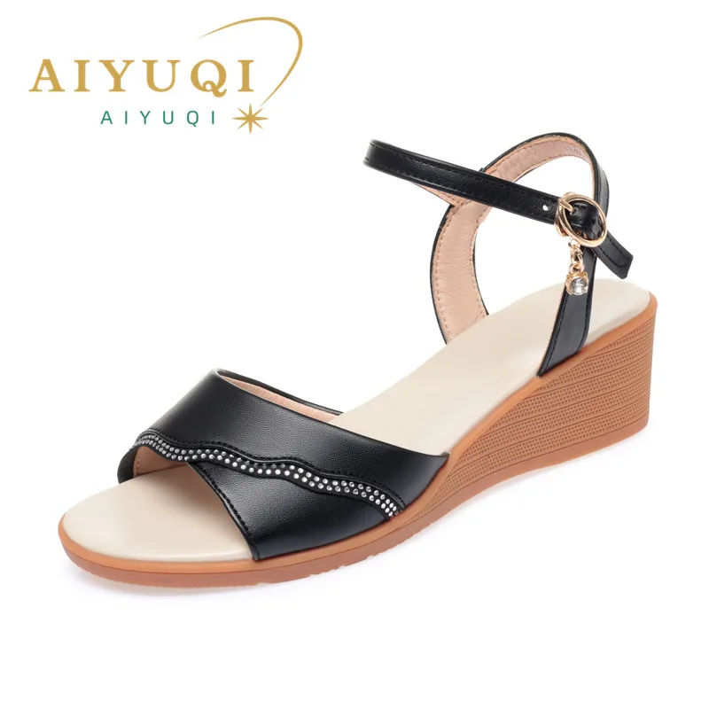 AIYUQI Women Summer Sandals Genuine Leather Women Shoes Sandals Plus Size Fashion Wedge Non-slip Mother Women Sandals