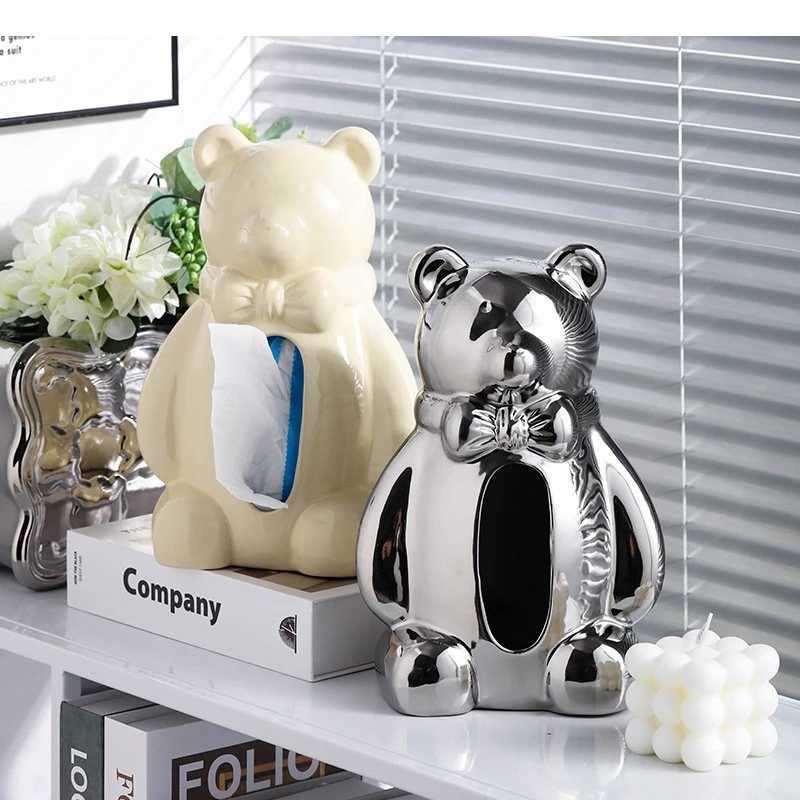 Cute teddy bear craft ceramic tissue box Nordic life Ro storage his decorative art napkin holder Y241218