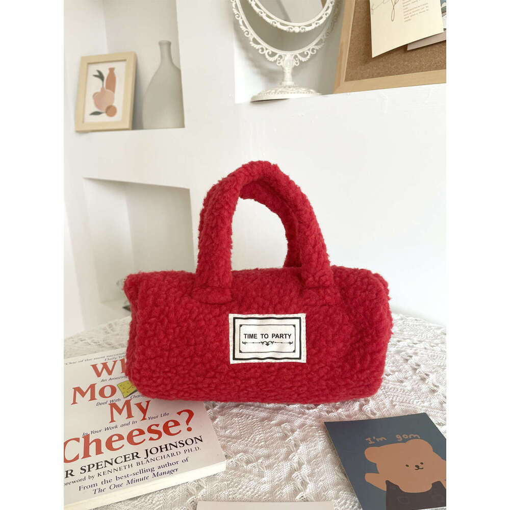 Women's Bags Christmas New Year's Red Envelope With Contrasting Colors, Lamb Fur Handbag, Plush Storage Bag