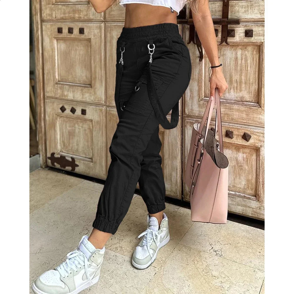 Womens Cargo Pants Casual Trousers Spring Autumn Solid Color Trend Street Pocket Cuff Suspenders Streetwear Women 241217
