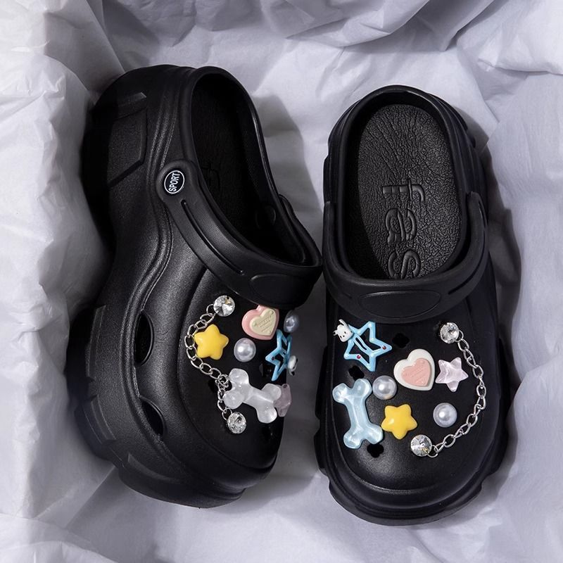 Women's Hole Shoes Sandals Summer Fashion 7cm Thick High Heel Soft Sole Beach Garden Shoes Cartoon Accessories Hole Slippers 2025