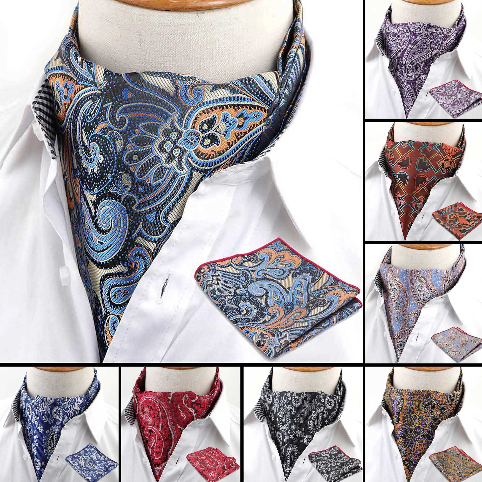 Ties Mens Cravat Pocket Square Set Formal Necktie Hankerchief Ascot Scrunch Self Paisley Polyester Silk Neck Tie Luxury J241217