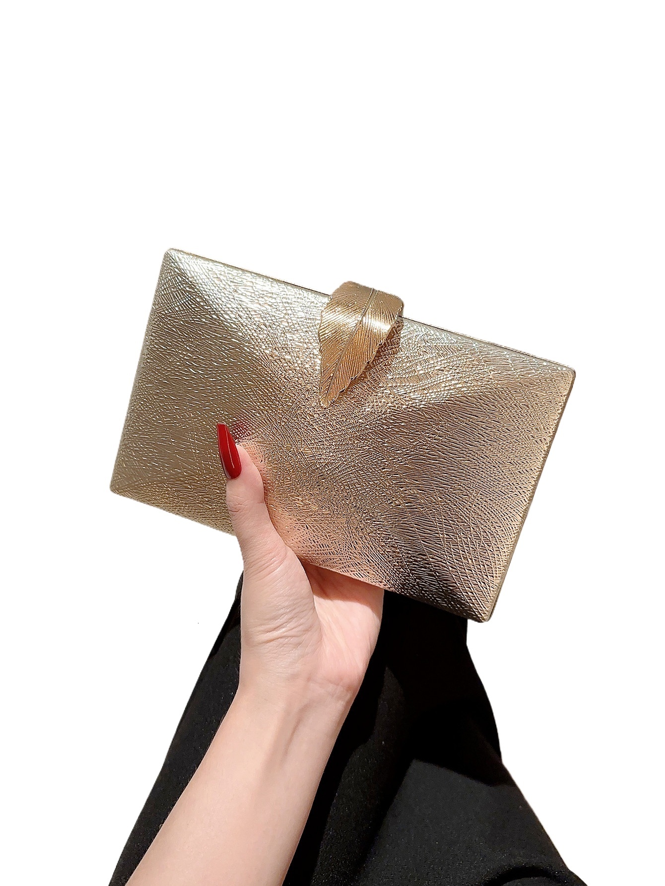 Women's Fashion Gold Leaf Buckle Box Dinner Chain Evening Dress Bag Party Prom Clutch