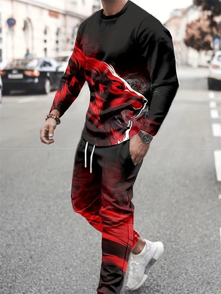 Spring And Autumn Mens Daily Casual Long-sleeved T-shirt Street Fashion Mens Pants Outdoor Sports Men 3D Dragon Print Set 241217