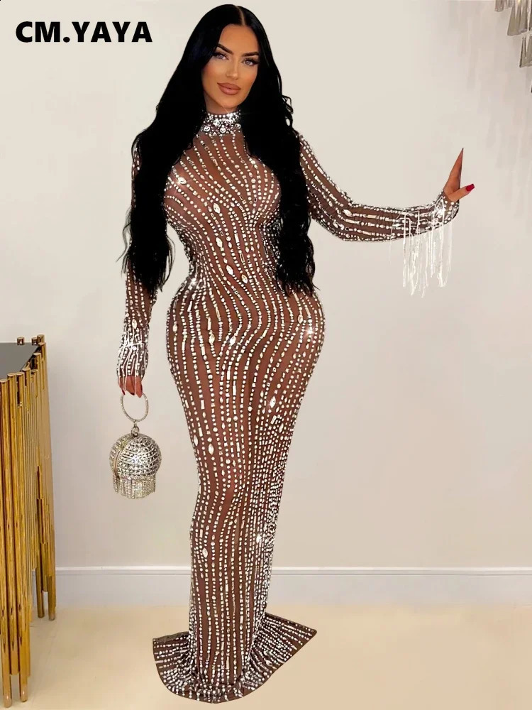 CM.YAYA 2024 Women Long Sleeve Mesh See Through Diamonds Rhinestones Bodycon Dress Woman Maxi Long Evening Birthday Dresses 241216