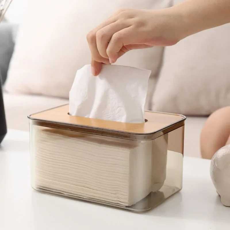 Nordic Minimalist Wooden Tissue Box Holder Organizer Modern Desktop Transparent Rectangular Bamboo Facial Tissue Dispenser Y241218