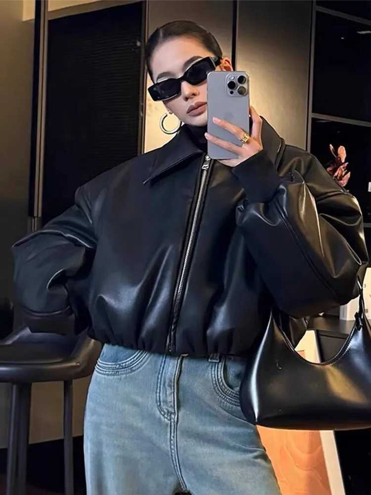 PU Leather Womens Winter Jacket Thick Warm Park Fashion Zipper Pocket Windproof Coat Cotton Pad Short Bomber Coat M241218