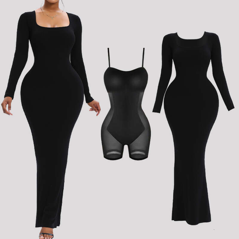 Women Long Sleeve Maxi Shapewear Slips Dress Slimming Waist Hip Enhancer Body Shaper With Built In Bra