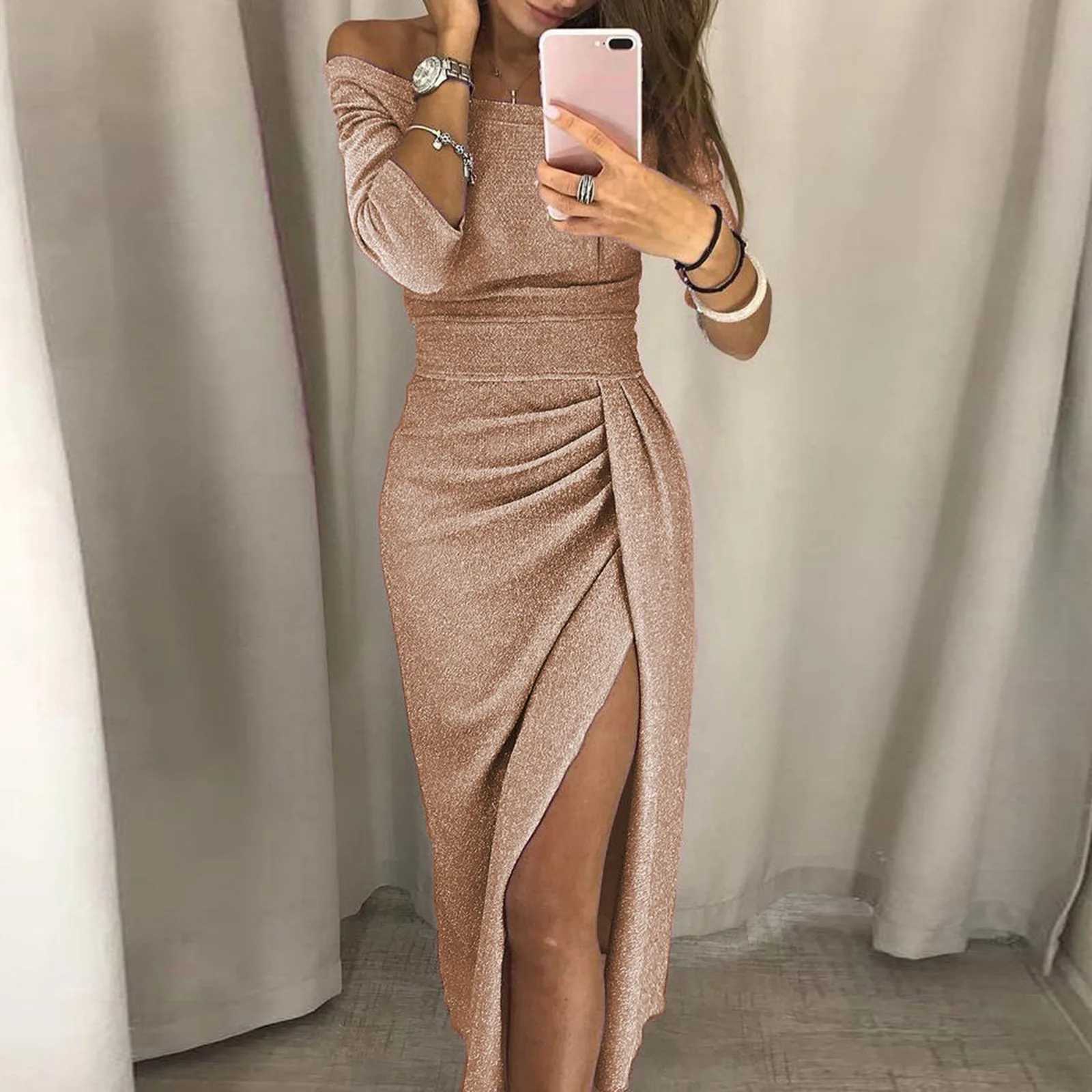 Ele Asymmetrical Split Pencil Dresses Womens Sexy Off Shoulder Long Sve Bodycon Evening Party Long Dress Prom Club DressXJ241218